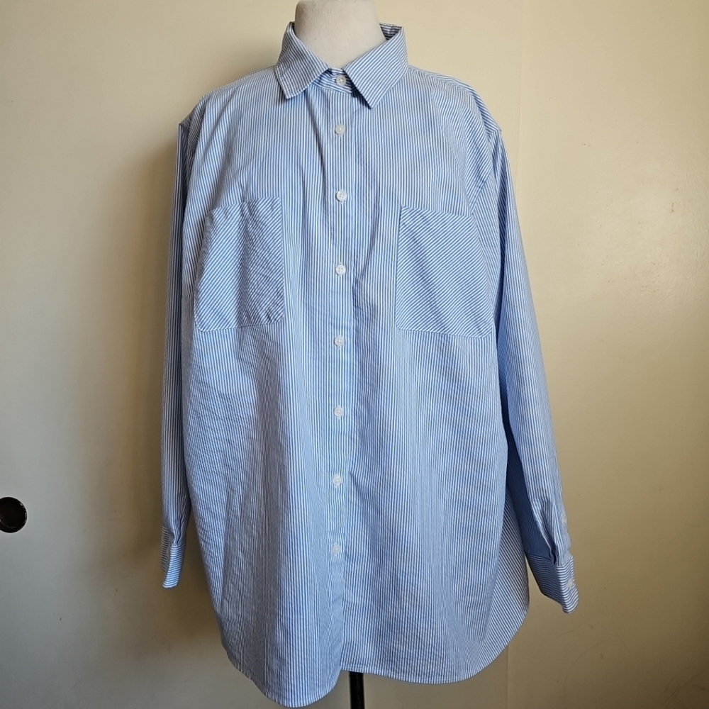 Ava & Viv Striped Shirt Buttons-Up Long Sleeve In Blue And Sparkly Silver Sz 3X